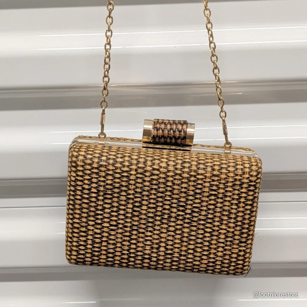 Miztique Woven Straw‎ Box Clutch Crossbody Bag Tan Black Small Gold Chain Strap